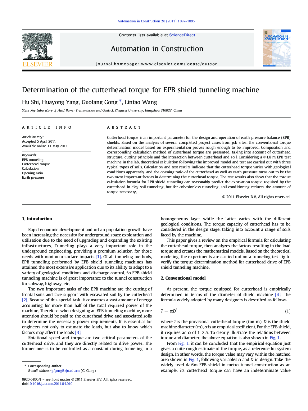 Determination of the cutterhead torque for EPB shield tunneling machine