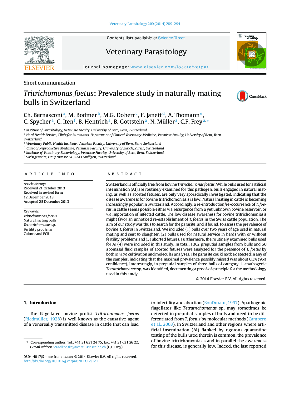 Tritrichomonas foetus: Prevalence study in naturally mating bulls in Switzerland