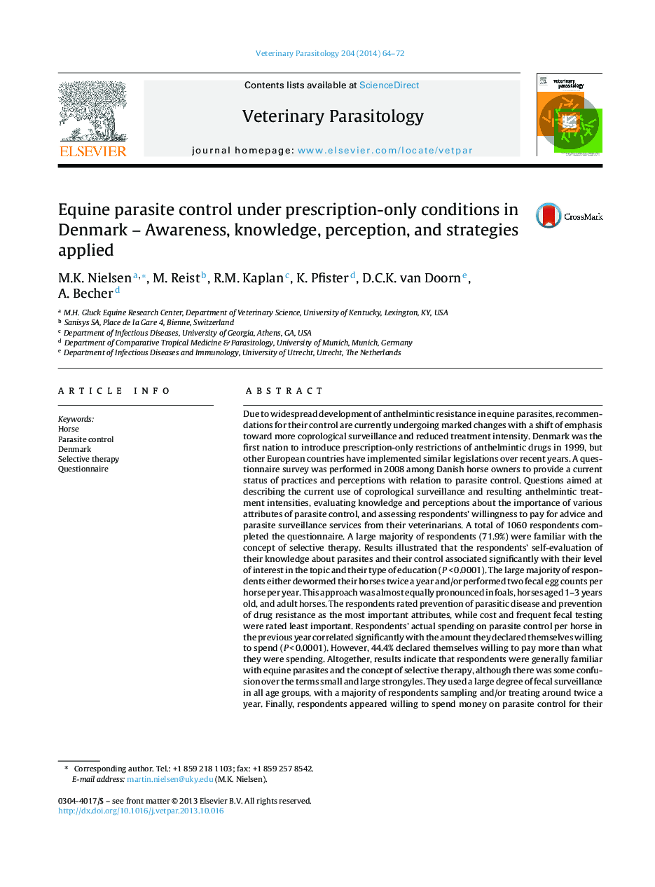 Equine parasite control under prescription-only conditions in Denmark – Awareness, knowledge, perception, and strategies applied