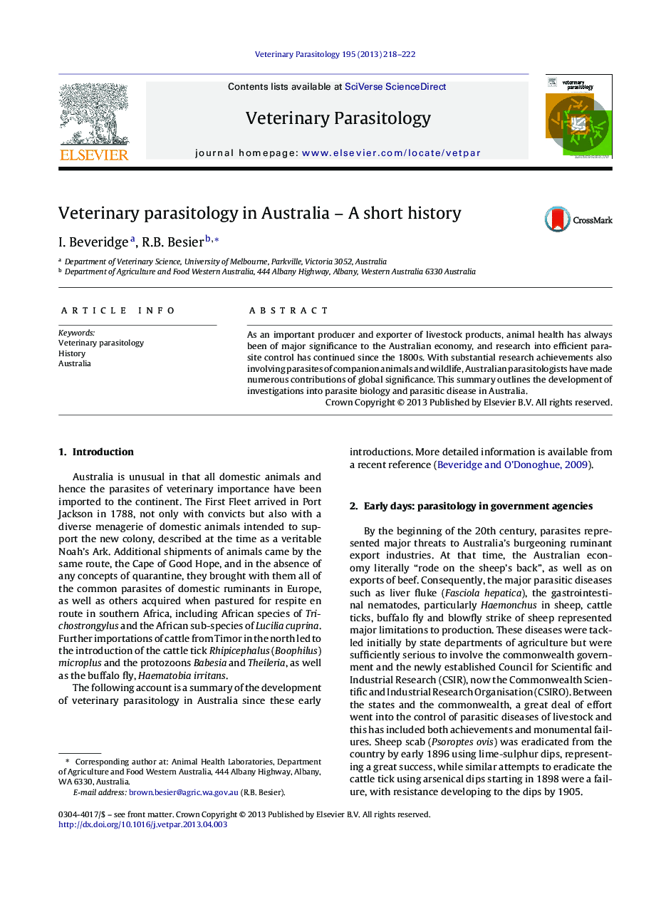 Veterinary parasitology in Australia – A short history