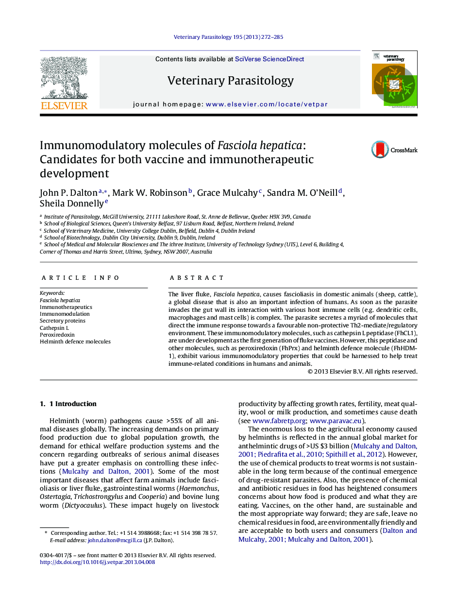 Immunomodulatory molecules of Fasciola hepatica: Candidates for both vaccine and immunotherapeutic development