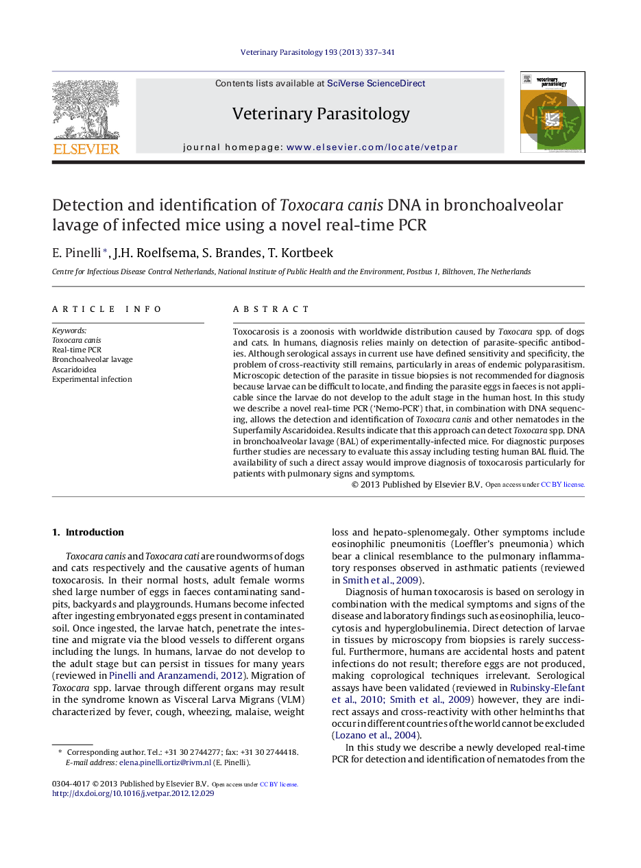 عکس صفحه اول مقاله: Detection and identification of Toxocara canis DNA in bronchoalveolar lavage of infected mice using a novel real-time PCR Detection and identification of Toxocara canis DNA in bronchoalveolar lavage of infected mice using a novel real-time PCR