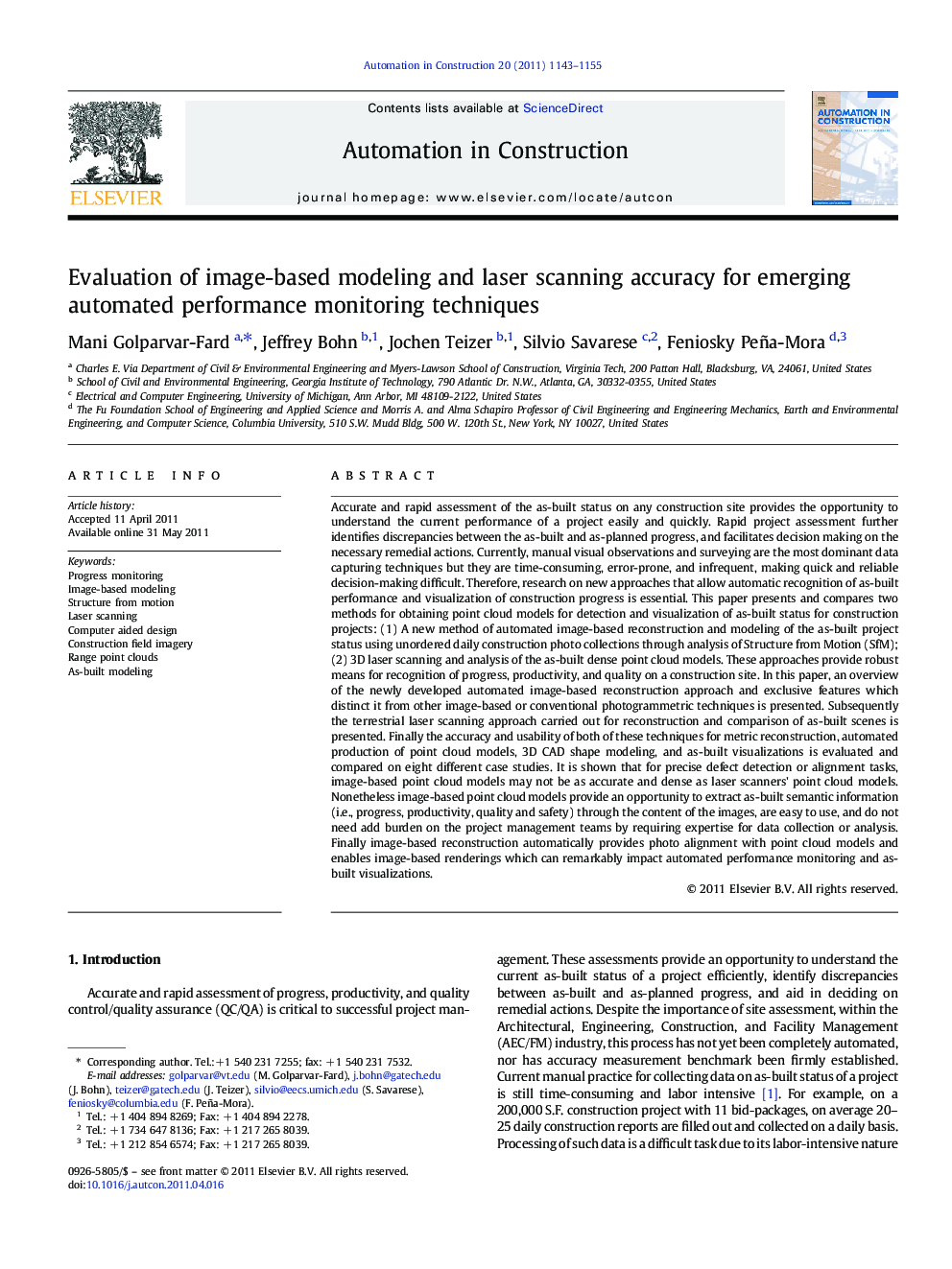 Evaluation of image-based modeling and laser scanning accuracy for emerging automated performance monitoring techniques