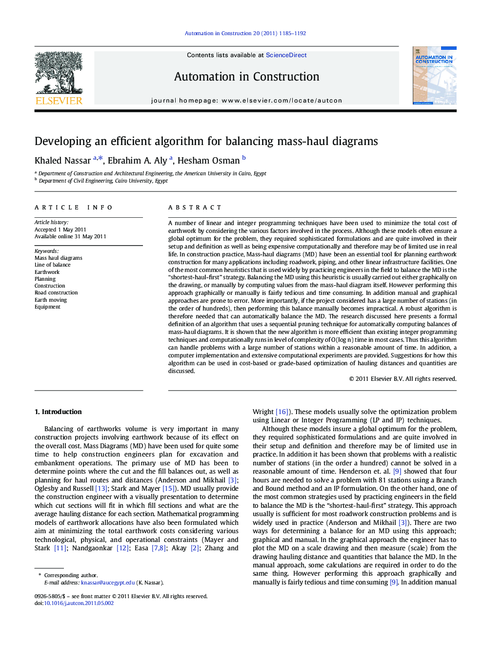 Developing an efficient algorithm for balancing mass-haul diagrams