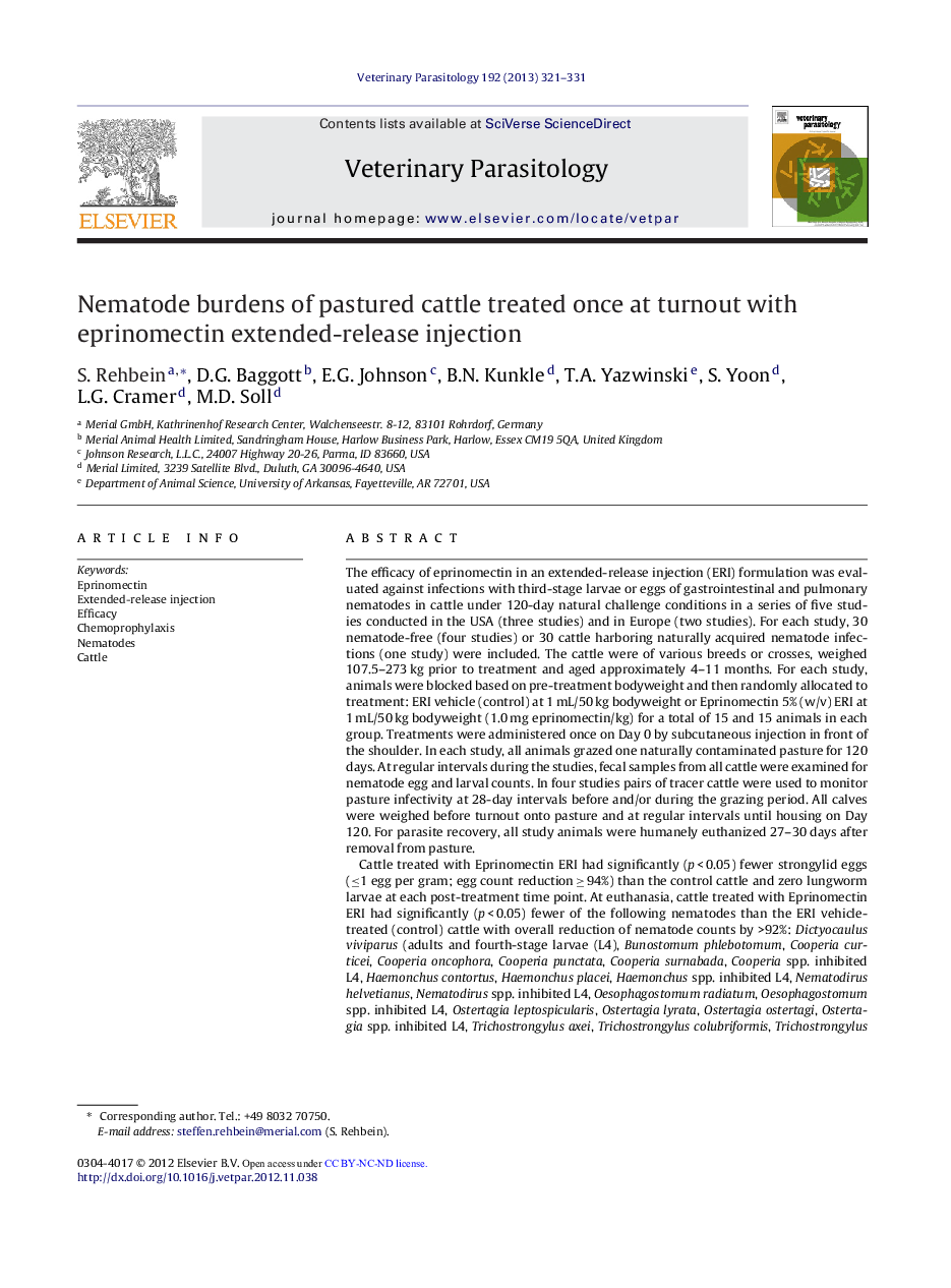 Nematode burdens of pastured cattle treated once at turnout with eprinomectin extended-release injection