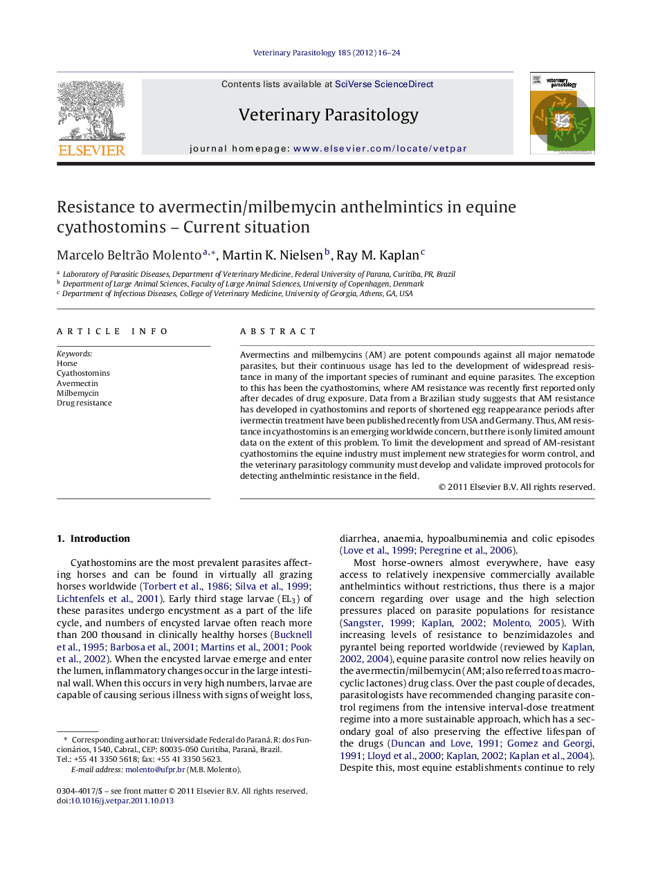 Resistance to avermectin/milbemycin anthelmintics in equine cyathostomins – Current situation