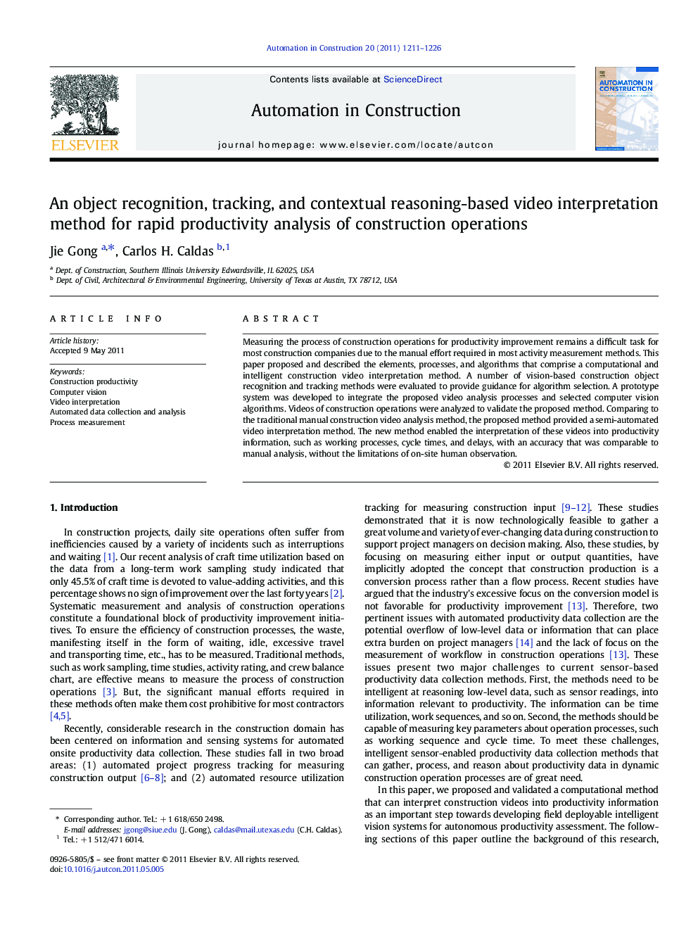 An object recognition, tracking, and contextual reasoning-based video interpretation method for rapid productivity analysis of construction operations