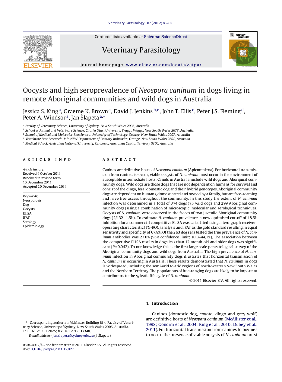 عکس صفحه اول مقاله: Oocysts and high seroprevalence of Neospora caninum in dogs living in remote Aboriginal communities and wild dogs in Australia Oocysts and high seroprevalence of Neospora caninum in dogs living in remote Aboriginal communities and wild dogs in Australia
