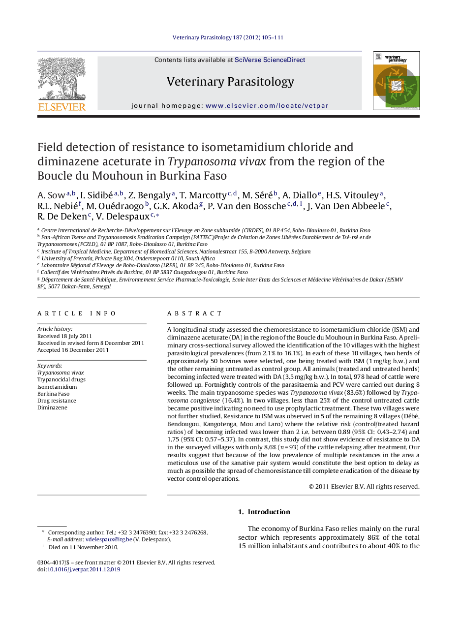 Field detection of resistance to isometamidium chloride and diminazene aceturate in Trypanosoma vivax from the region of the Boucle du Mouhoun in Burkina Faso