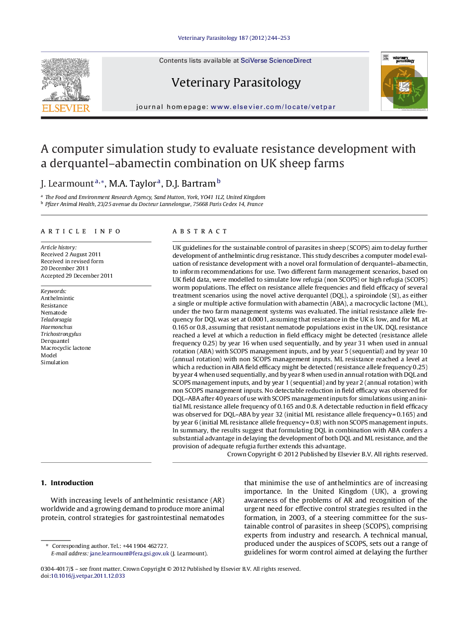 A computer simulation study to evaluate resistance development with a derquantel–abamectin combination on UK sheep farms