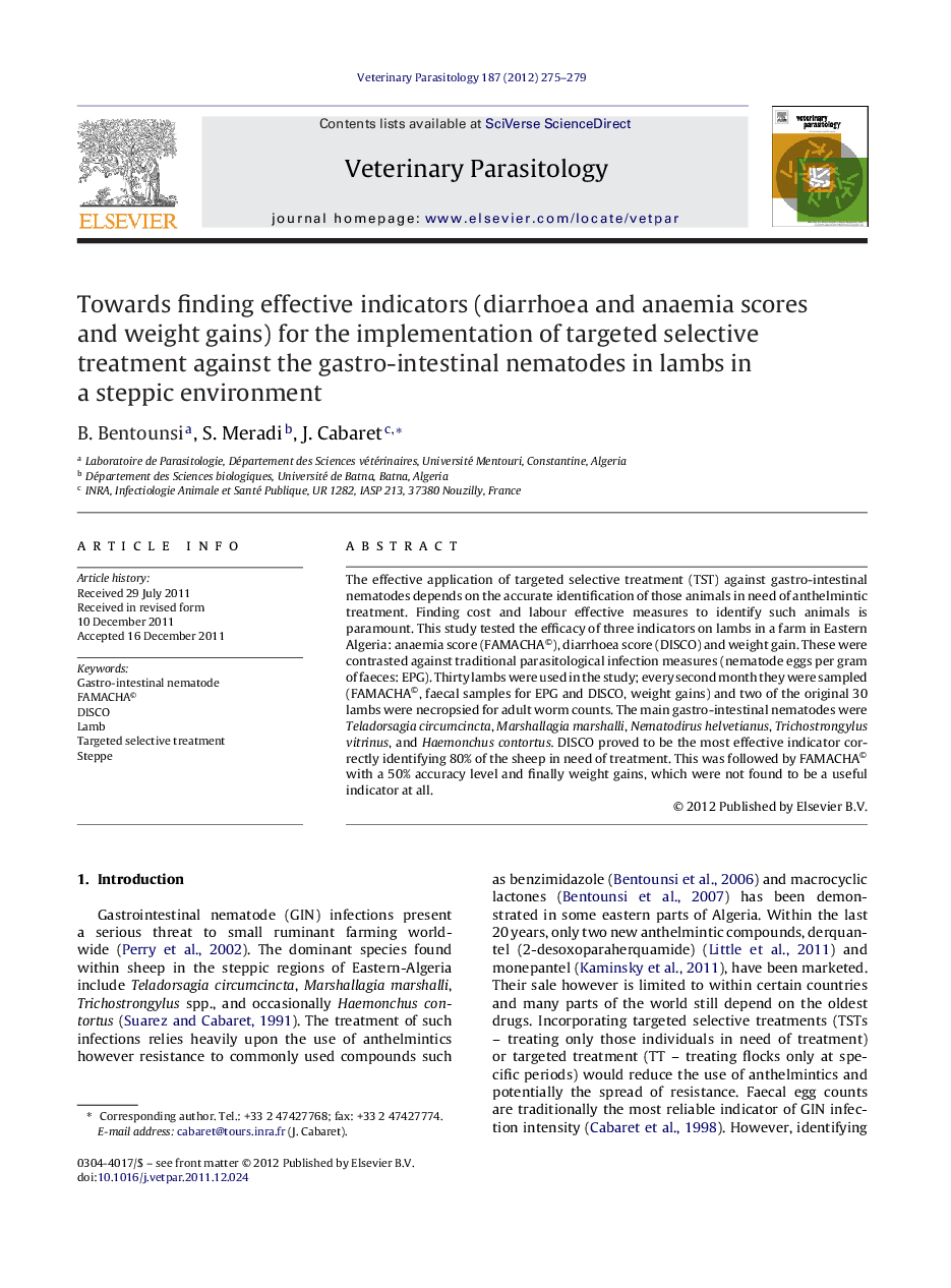 Towards finding effective indicators (diarrhoea and anaemia scores and weight gains) for the implementation of targeted selective treatment against the gastro-intestinal nematodes in lambs in a steppic environment