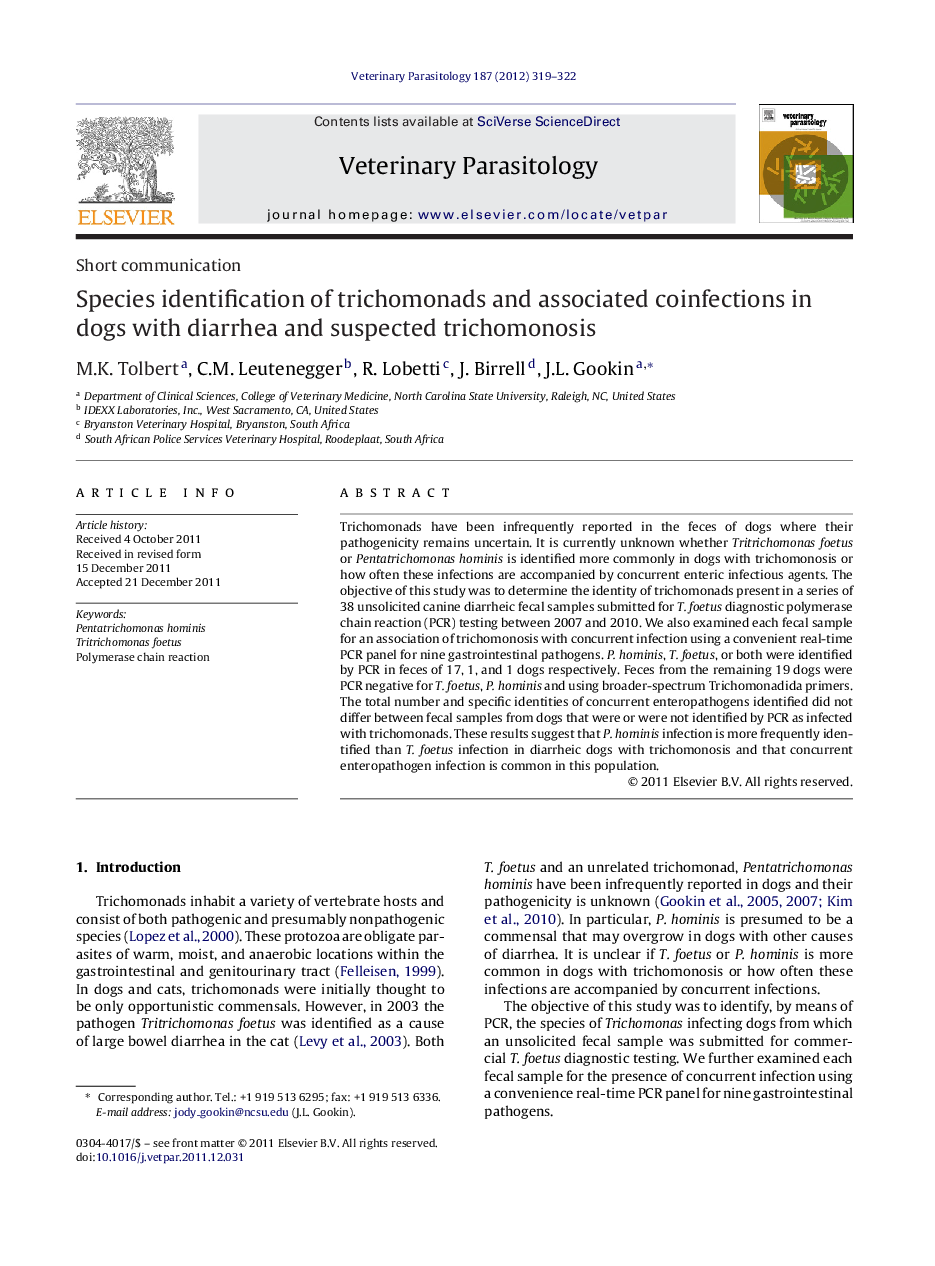 Species identification of trichomonads and associated coinfections in dogs with diarrhea and suspected trichomonosis