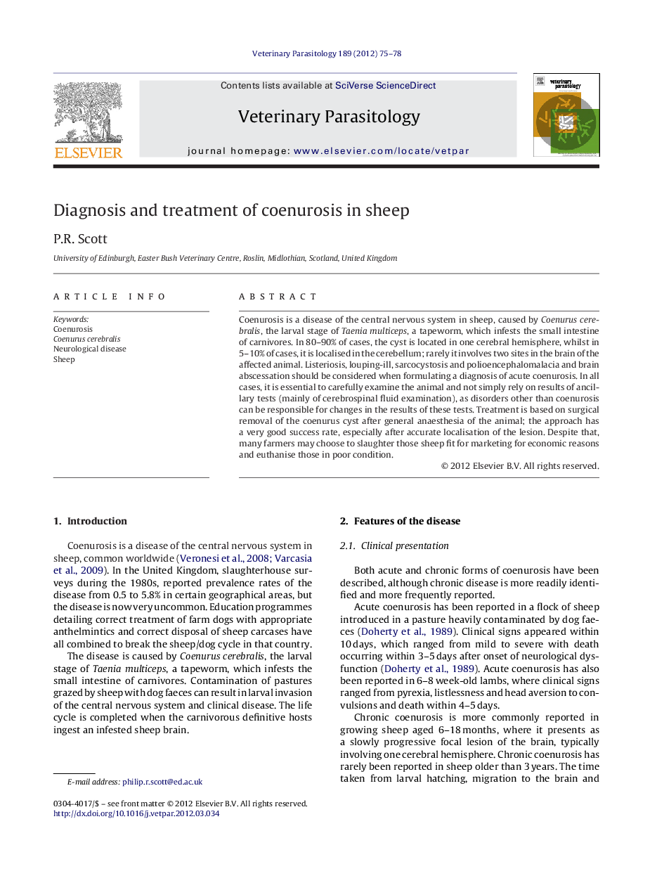 Diagnosis and treatment of coenurosis in sheep