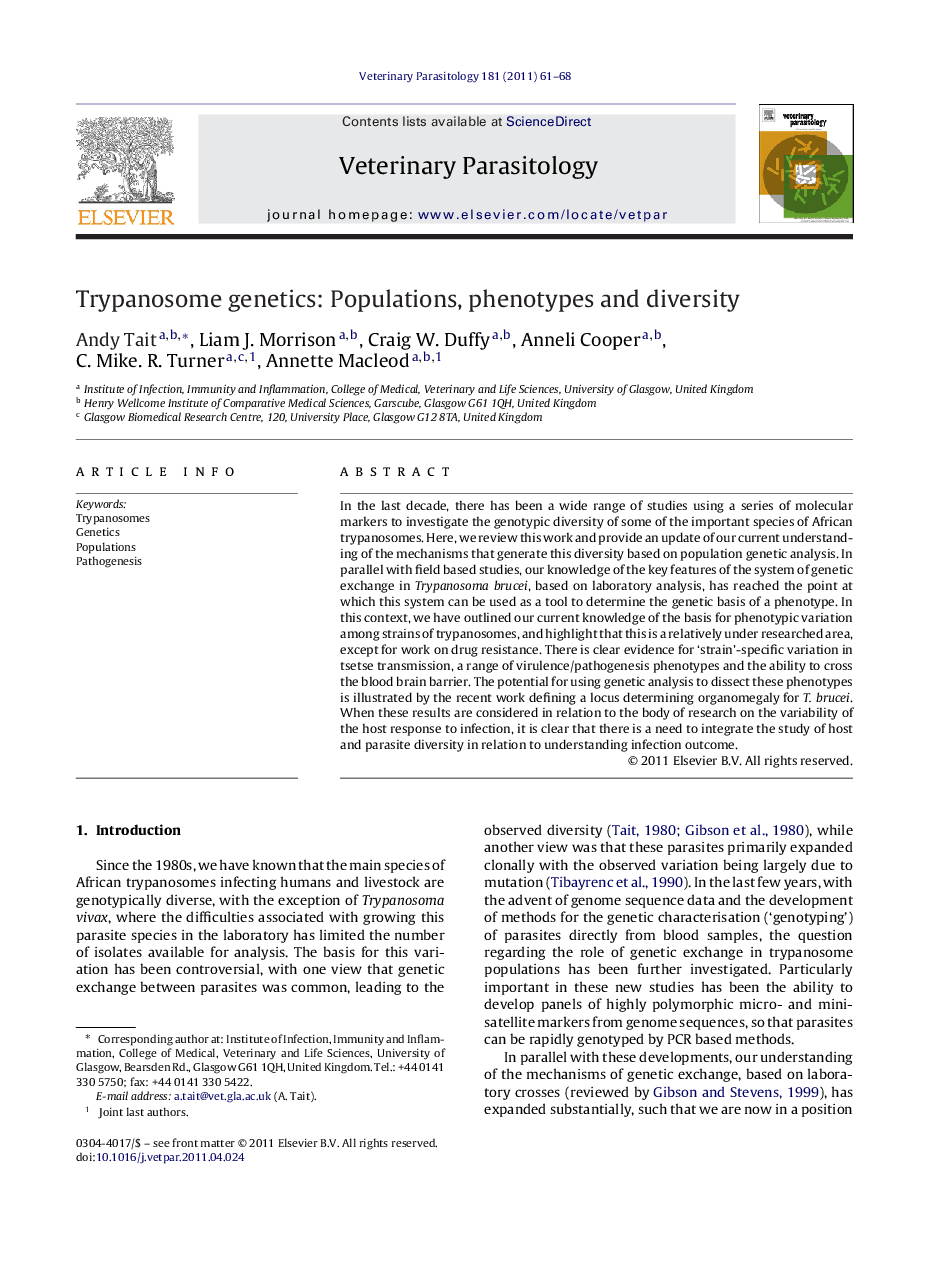 Trypanosome genetics: Populations, phenotypes and diversity