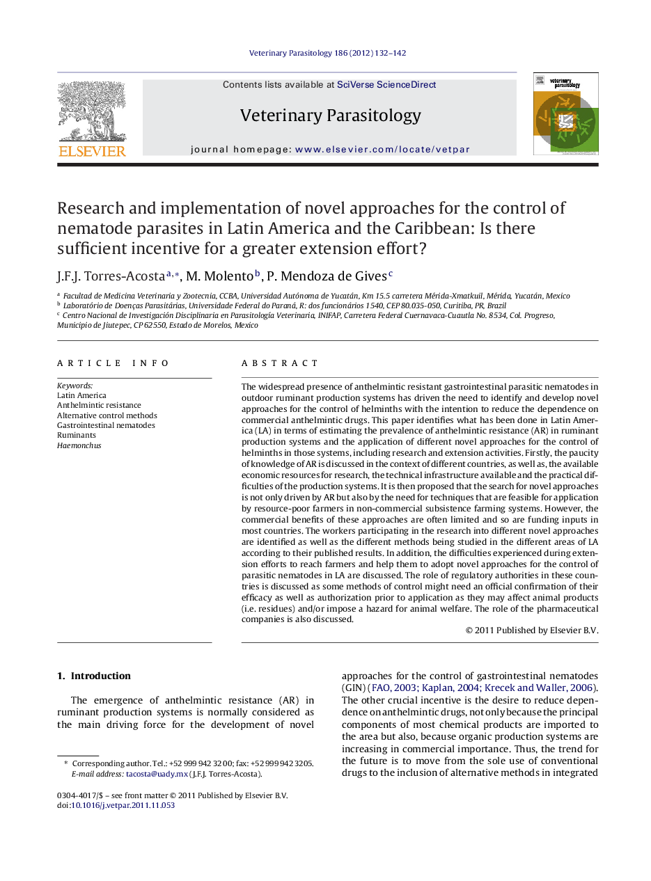 Research and implementation of novel approaches for the control of nematode parasites in Latin America and the Caribbean: Is there sufficient incentive for a greater extension effort?