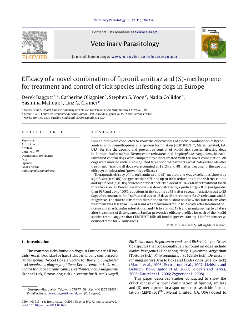 Efficacy of a novel combination of fipronil, amitraz and (S)-methoprene for treatment and control of tick species infesting dogs in Europe