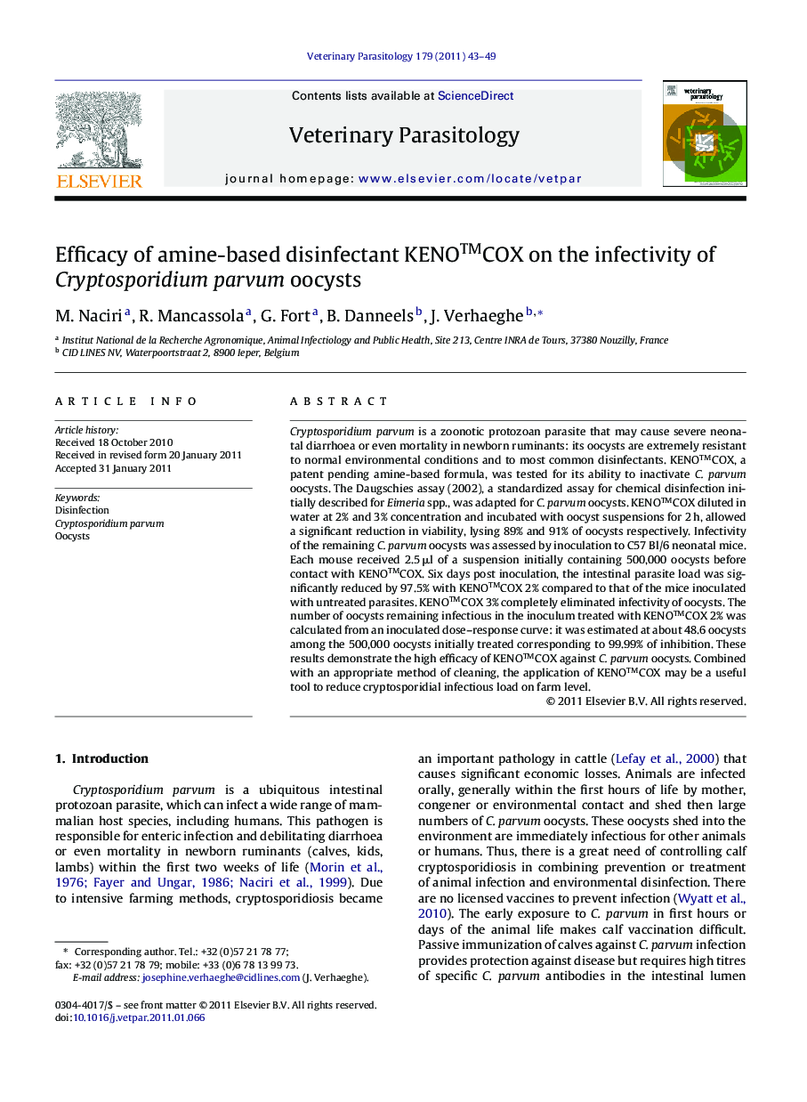 Efficacy of amine-based disinfectant KENO™COX on the infectivity of Cryptosporidium parvum oocysts