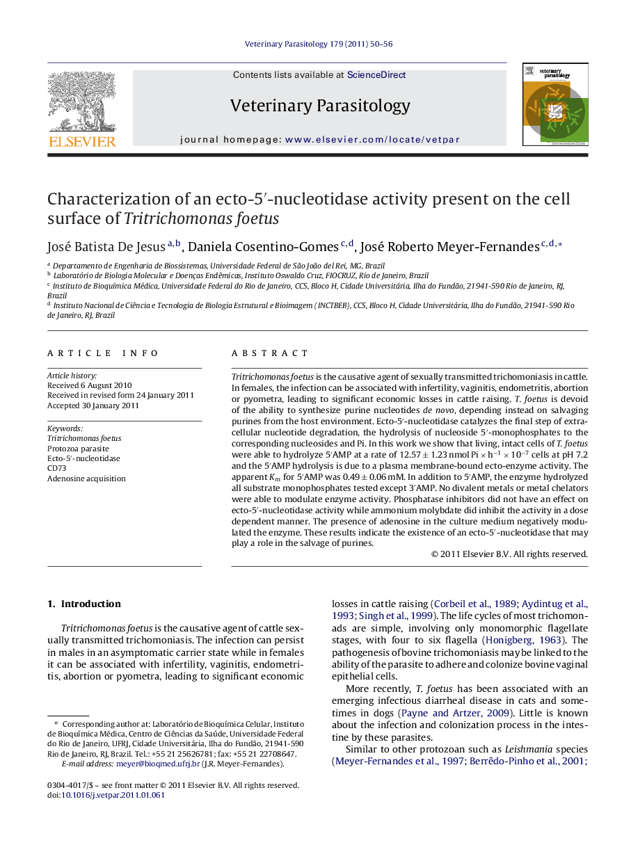 Characterization of an ecto-5′-nucleotidase activity present on the cell surface of Tritrichomonas foetus