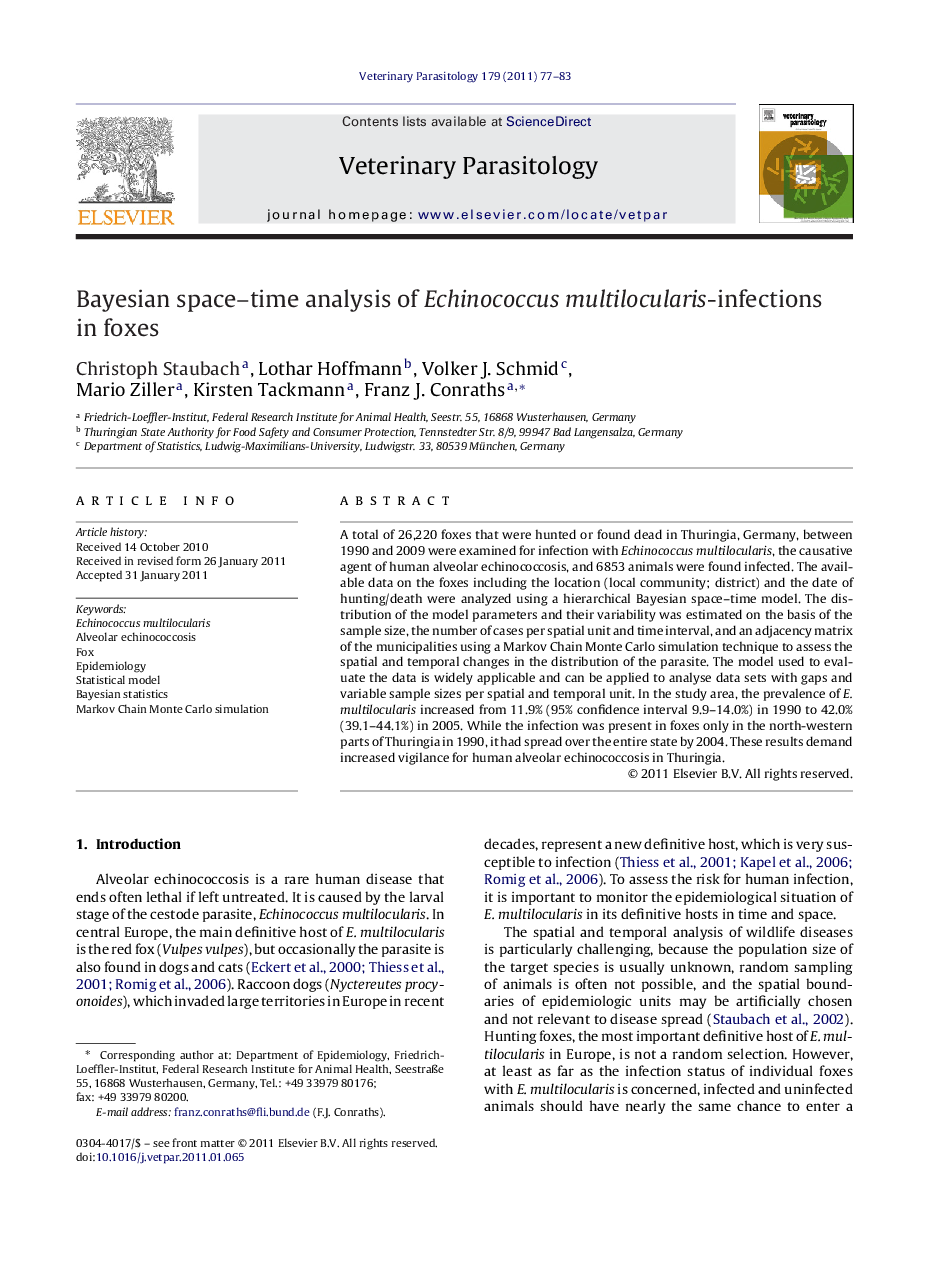 Bayesian space–time analysis of Echinococcus multilocularis-infections in foxes