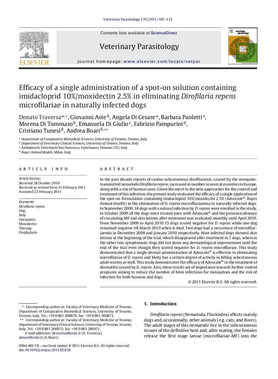 Efficacy of a single administration of a spot-on solution containing imidacloprid 10%/moxidectin 2.5% in eliminating Dirofilaria repens microfilariae in naturally infected dogs