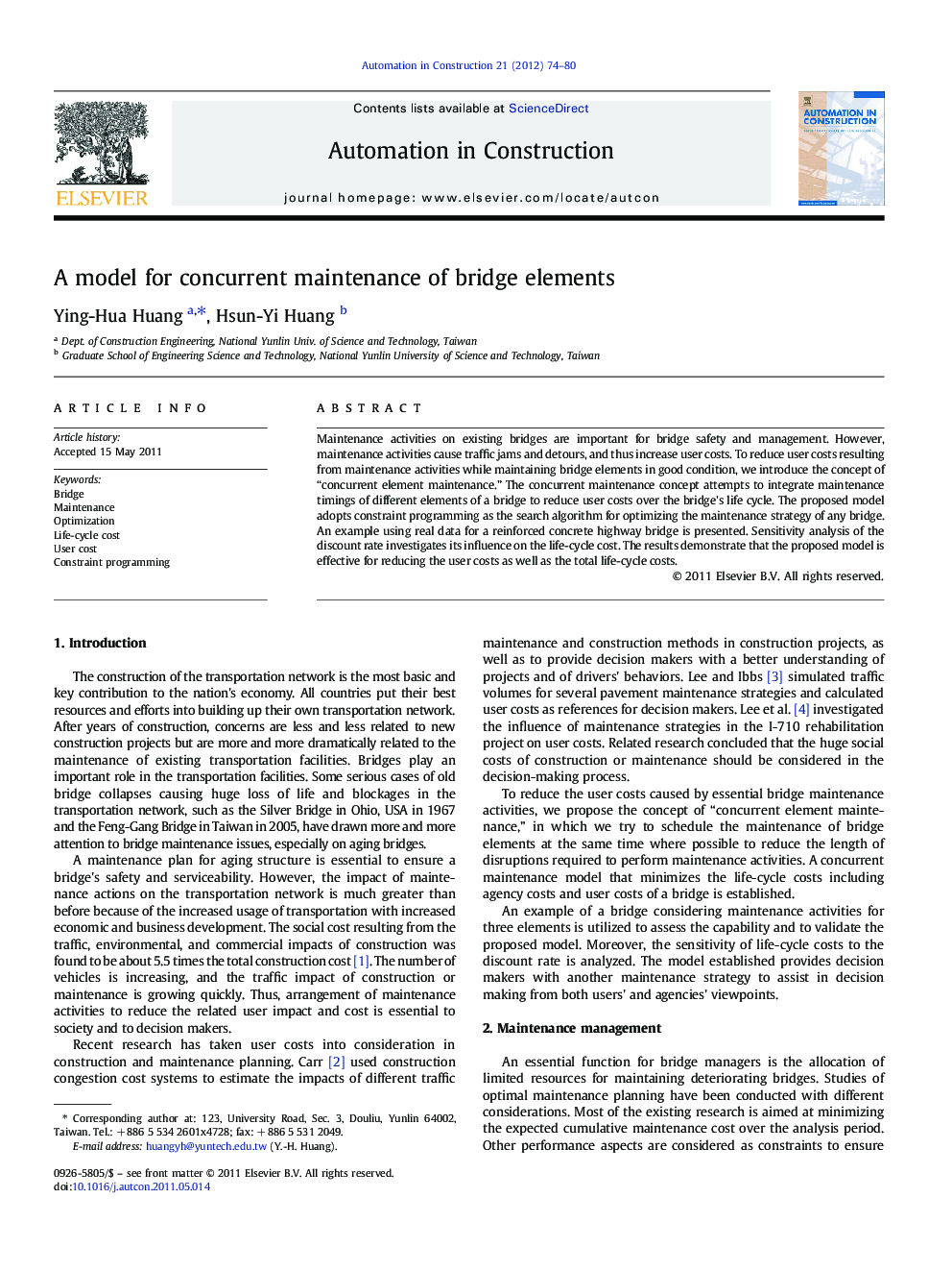 A model for concurrent maintenance of bridge elements