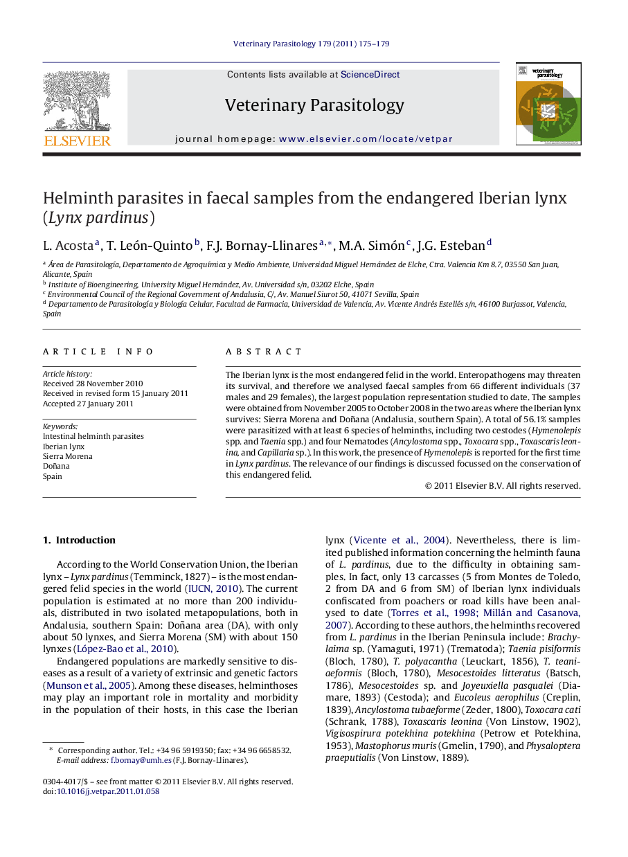 Helminth parasites in faecal samples from the endangered Iberian lynx (Lynx pardinus)