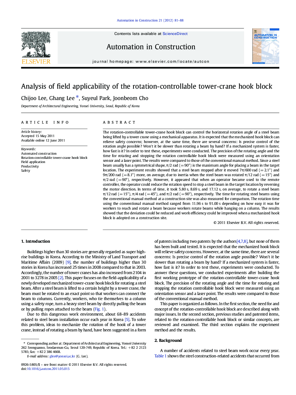 Analysis of field applicability of the rotation-controllable tower-crane hook block