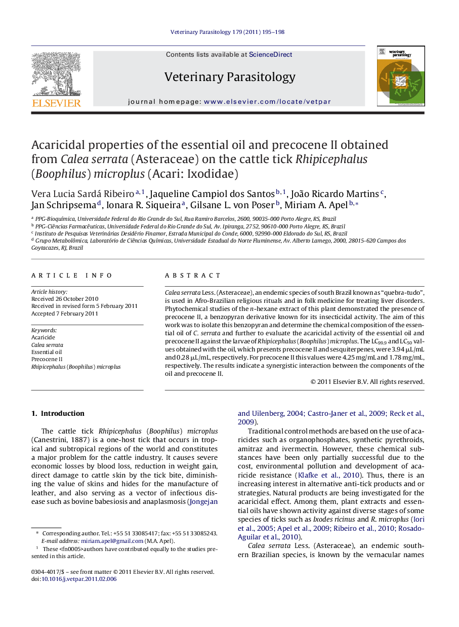 Acaricidal properties of the essential oil and precocene II obtained from Calea serrata (Asteraceae) on the cattle tick Rhipicephalus (Boophilus) microplus (Acari: Ixodidae)