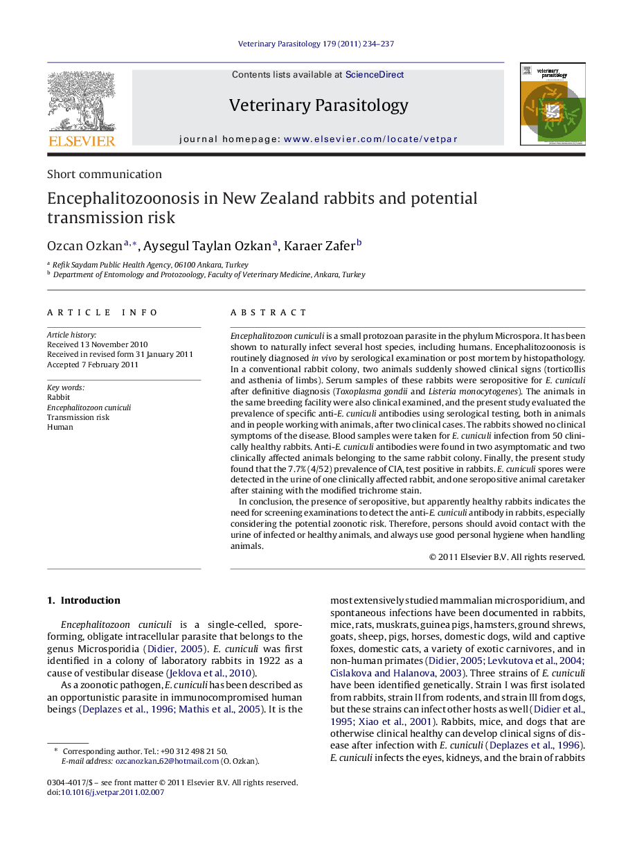 Encephalitozoonosis in New Zealand rabbits and potential transmission risk