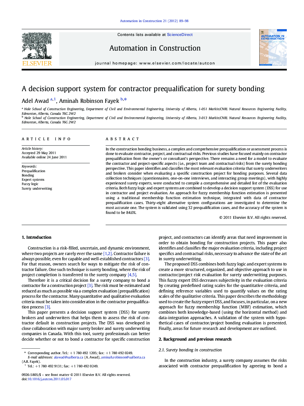 A decision support system for contractor prequalification for surety bonding