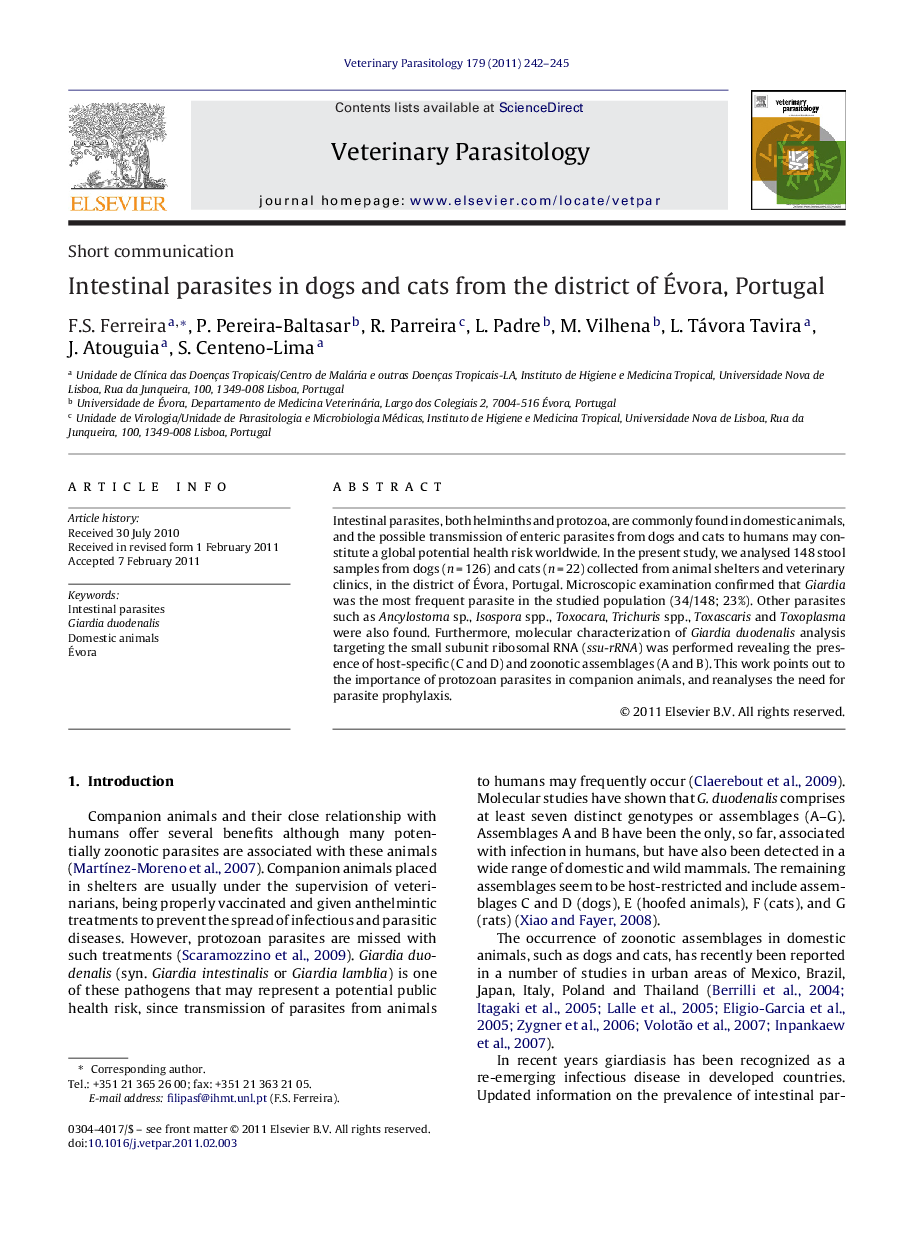 Intestinal parasites in dogs and cats from the district of Évora, Portugal