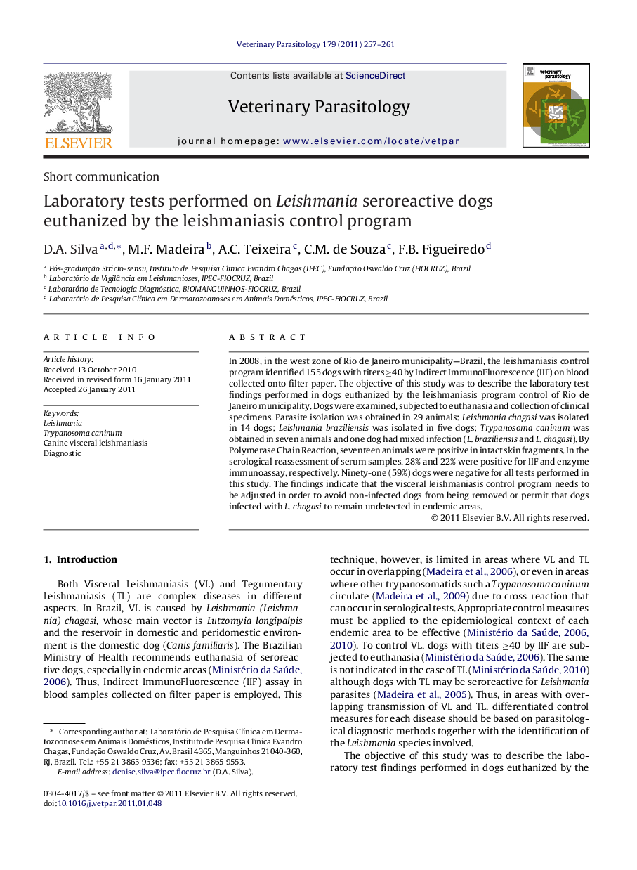 Laboratory tests performed on Leishmania seroreactive dogs euthanized by the leishmaniasis control program