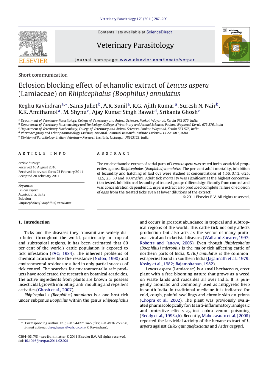 Eclosion blocking effect of ethanolic extract of Leucas aspera (Lamiaceae) on Rhipicephalus (Boophilus) annulatus