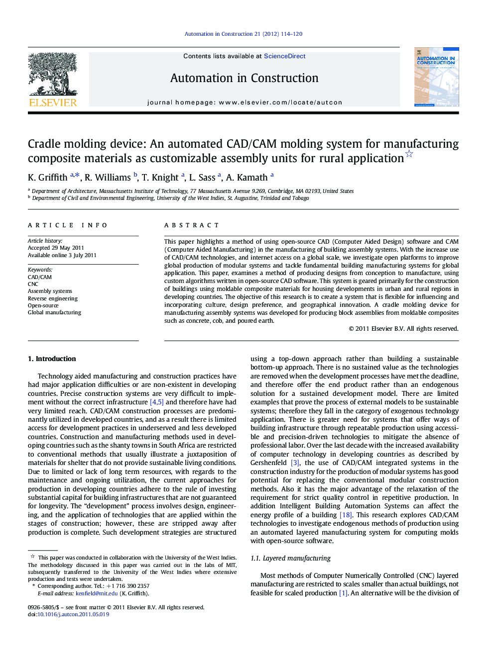 Cradle molding device: An automated CAD/CAM molding system for manufacturing composite materials as customizable assembly units for rural application 