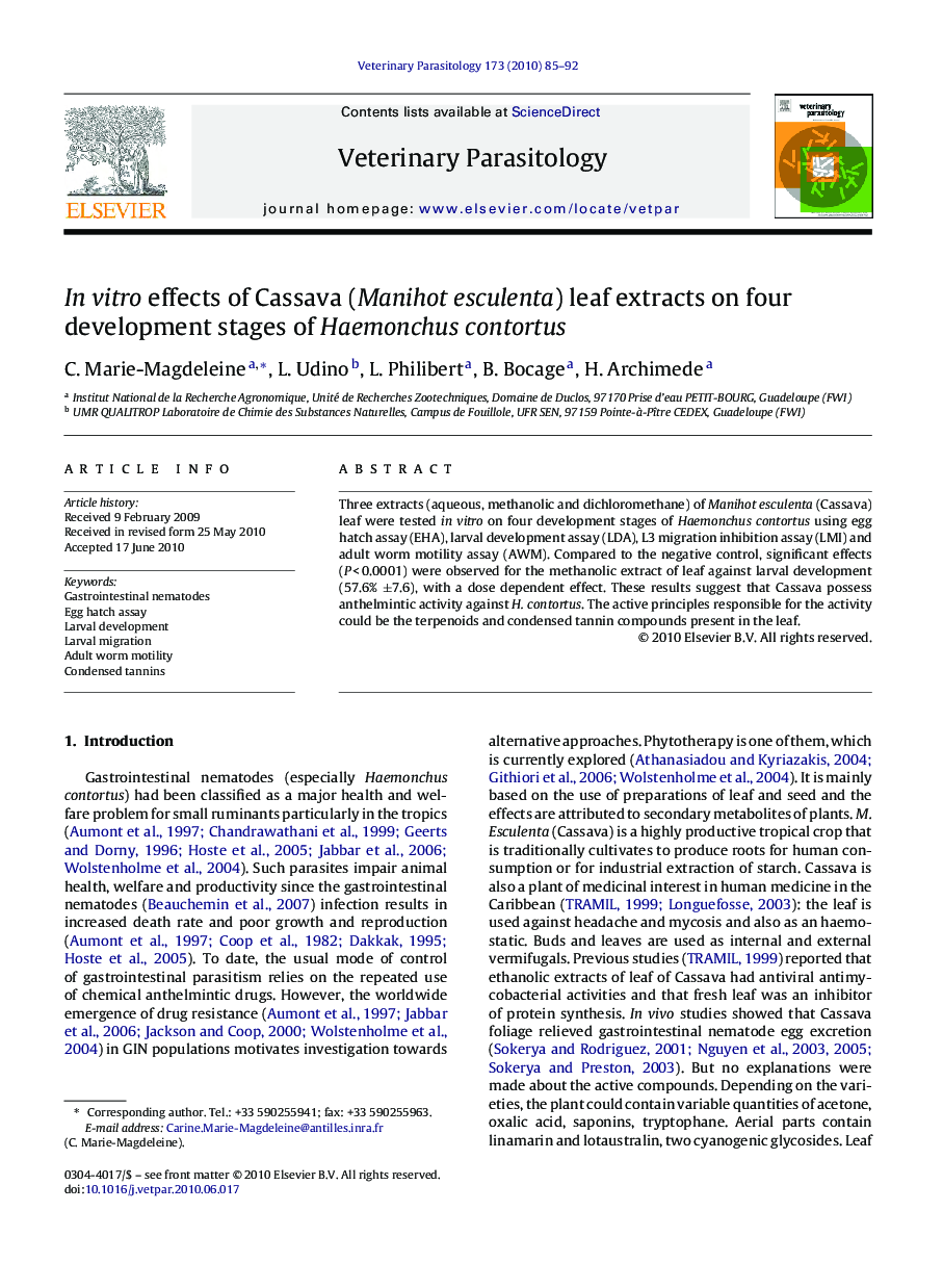 In vitro effects of Cassava (Manihot esculenta) leaf extracts on four development stages of Haemonchus contortus