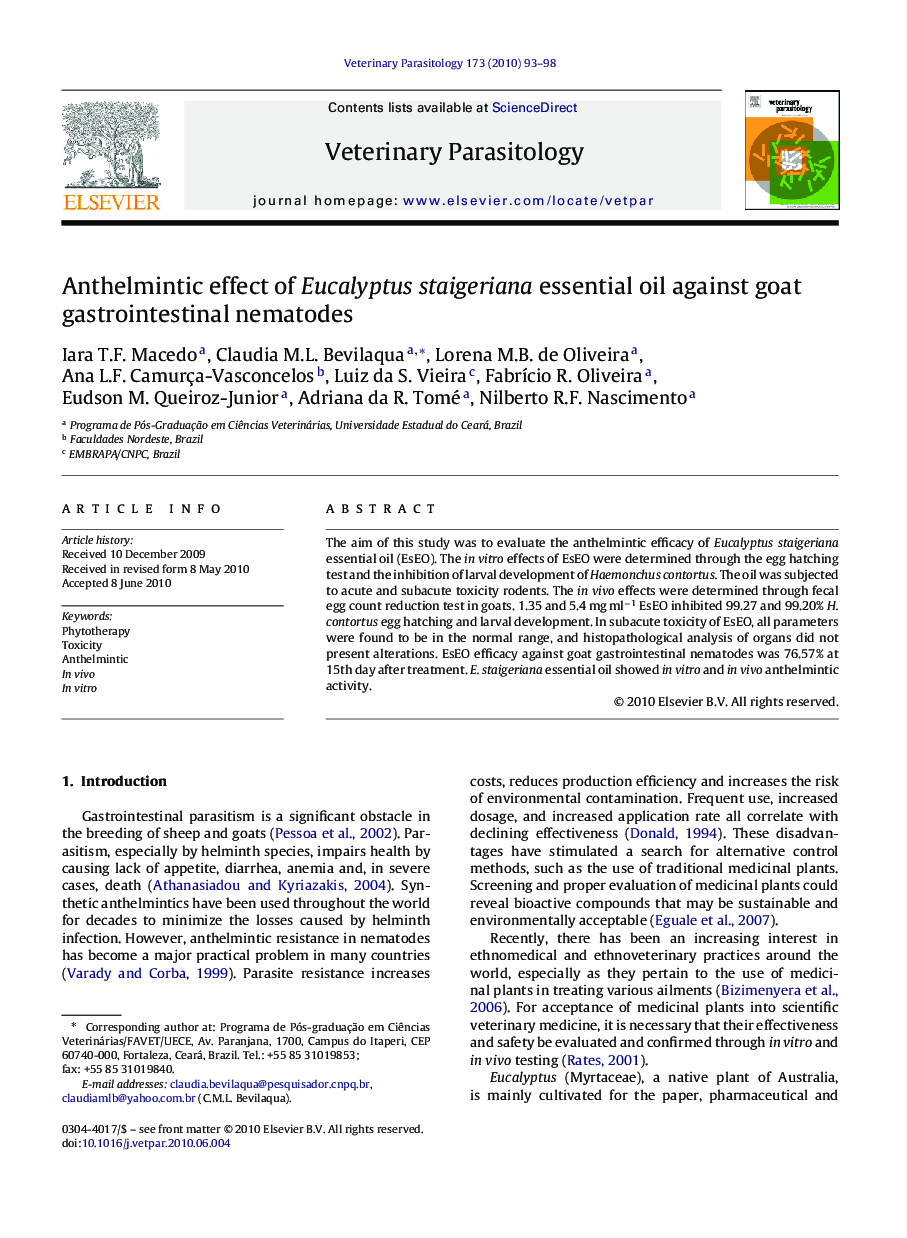 Anthelmintic effect of Eucalyptus staigeriana essential oil against goat gastrointestinal nematodes