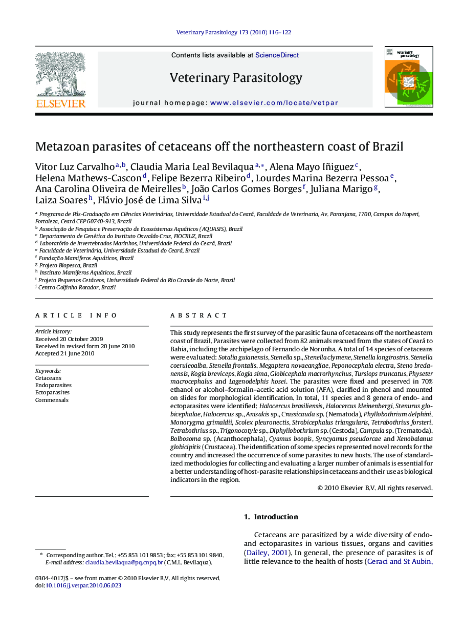 Metazoan parasites of cetaceans off the northeastern coast of Brazil