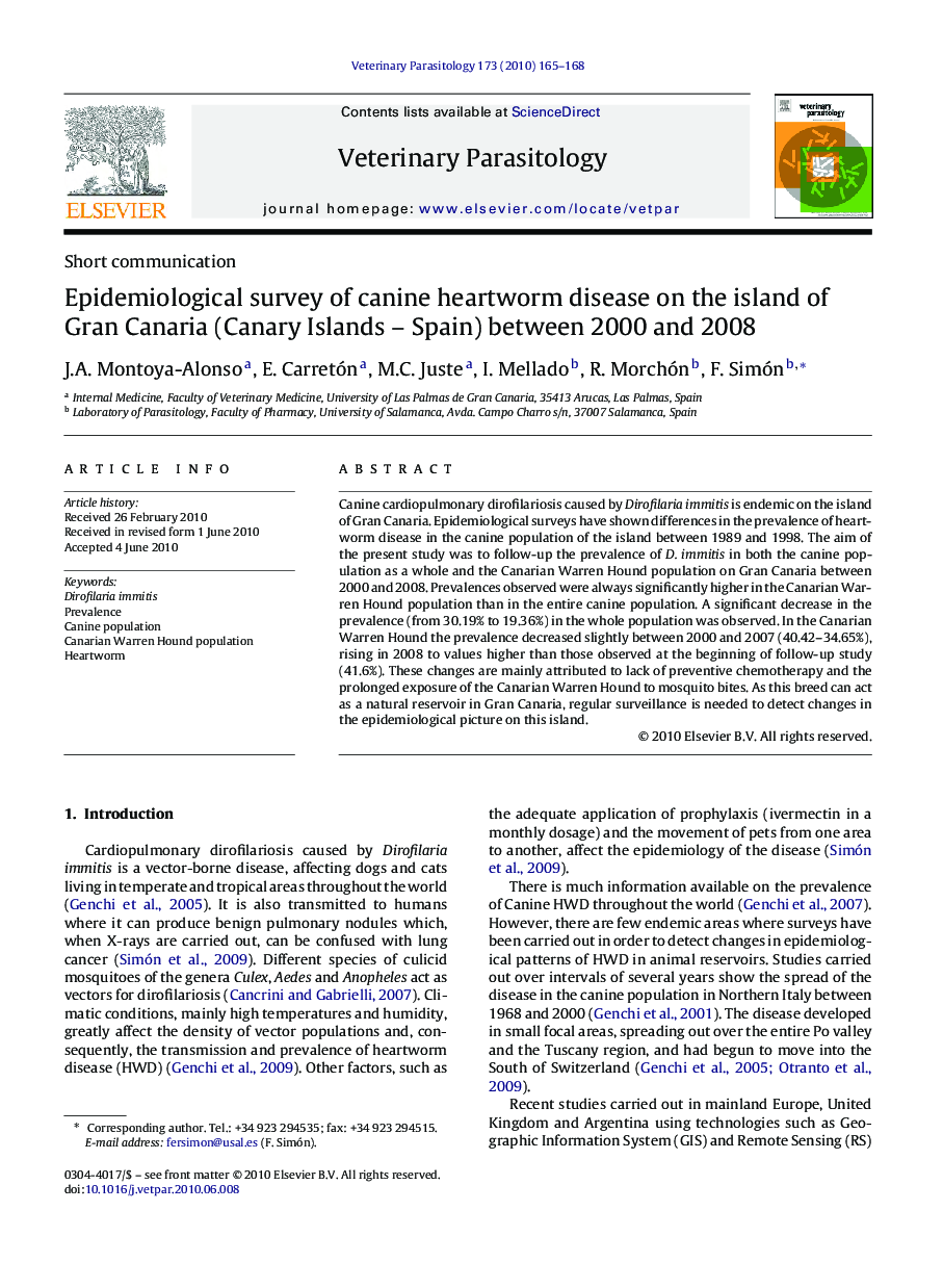 Epidemiological survey of canine heartworm disease on the island of Gran Canaria (Canary Islands – Spain) between 2000 and 2008