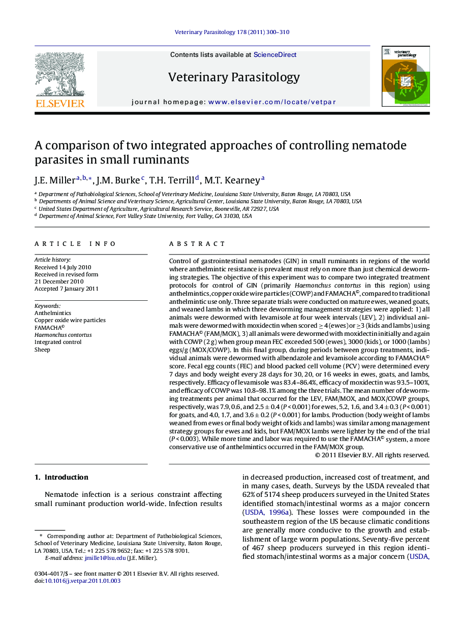 A comparison of two integrated approaches of controlling nematode parasites in small ruminants