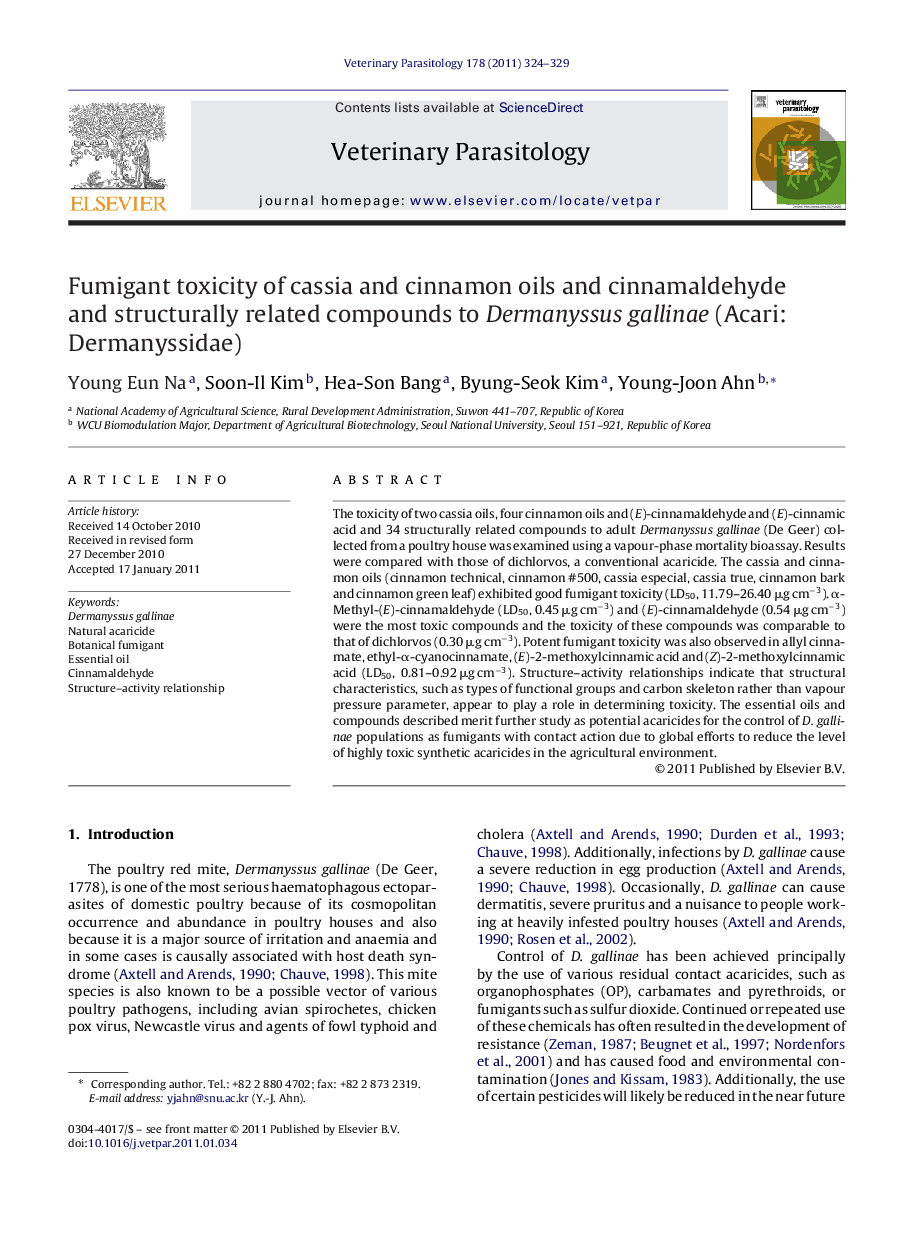 Fumigant toxicity of cassia and cinnamon oils and cinnamaldehyde and structurally related compounds to Dermanyssus gallinae (Acari: Dermanyssidae)