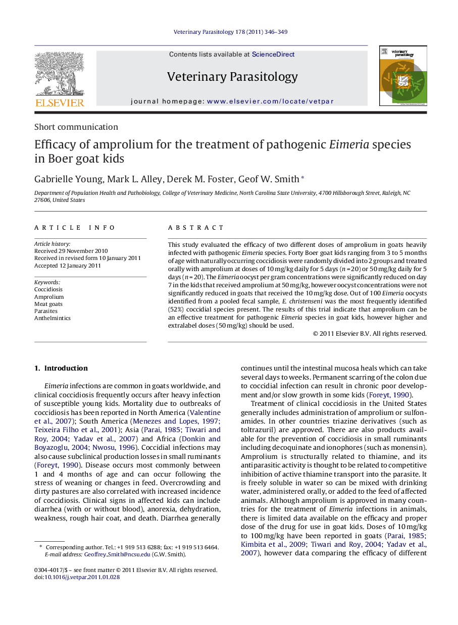 Efficacy of amprolium for the treatment of pathogenic Eimeria species in Boer goat kids