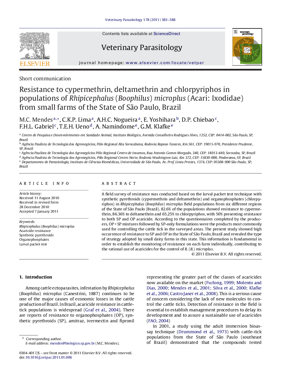 Resistance to cypermethrin, deltamethrin and chlorpyriphos in populations of Rhipicephalus (Boophilus) microplus (Acari: Ixodidae) from small farms of the State of São Paulo, Brazil