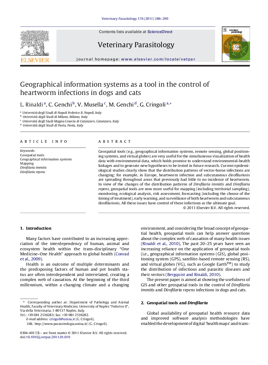 Geographical information systems as a tool in the control of heartworm infections in dogs and cats