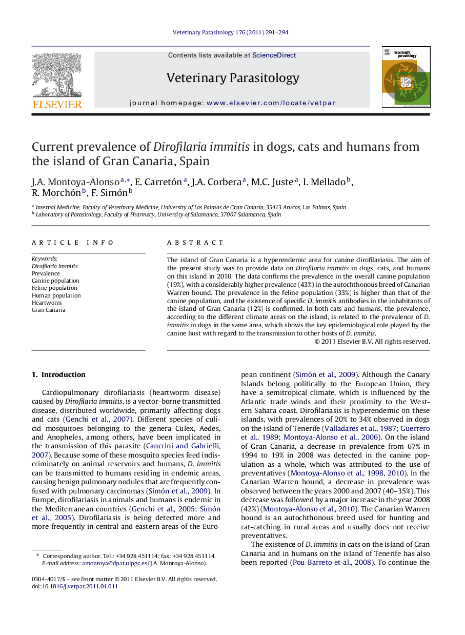 Current prevalence of Dirofilaria immitis in dogs, cats and humans from the island of Gran Canaria, Spain