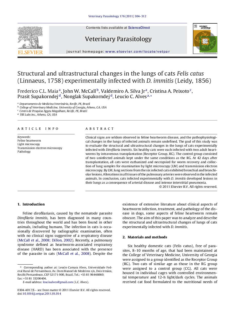 Structural and ultrastructural changes in the lungs of cats Felis catus (Linnaeus, 1758) experimentally infected with D. immitis (Leidy, 1856)