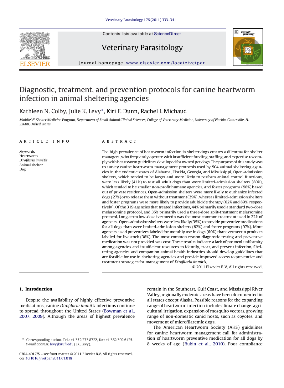 Diagnostic, treatment, and prevention protocols for canine heartworm infection in animal sheltering agencies