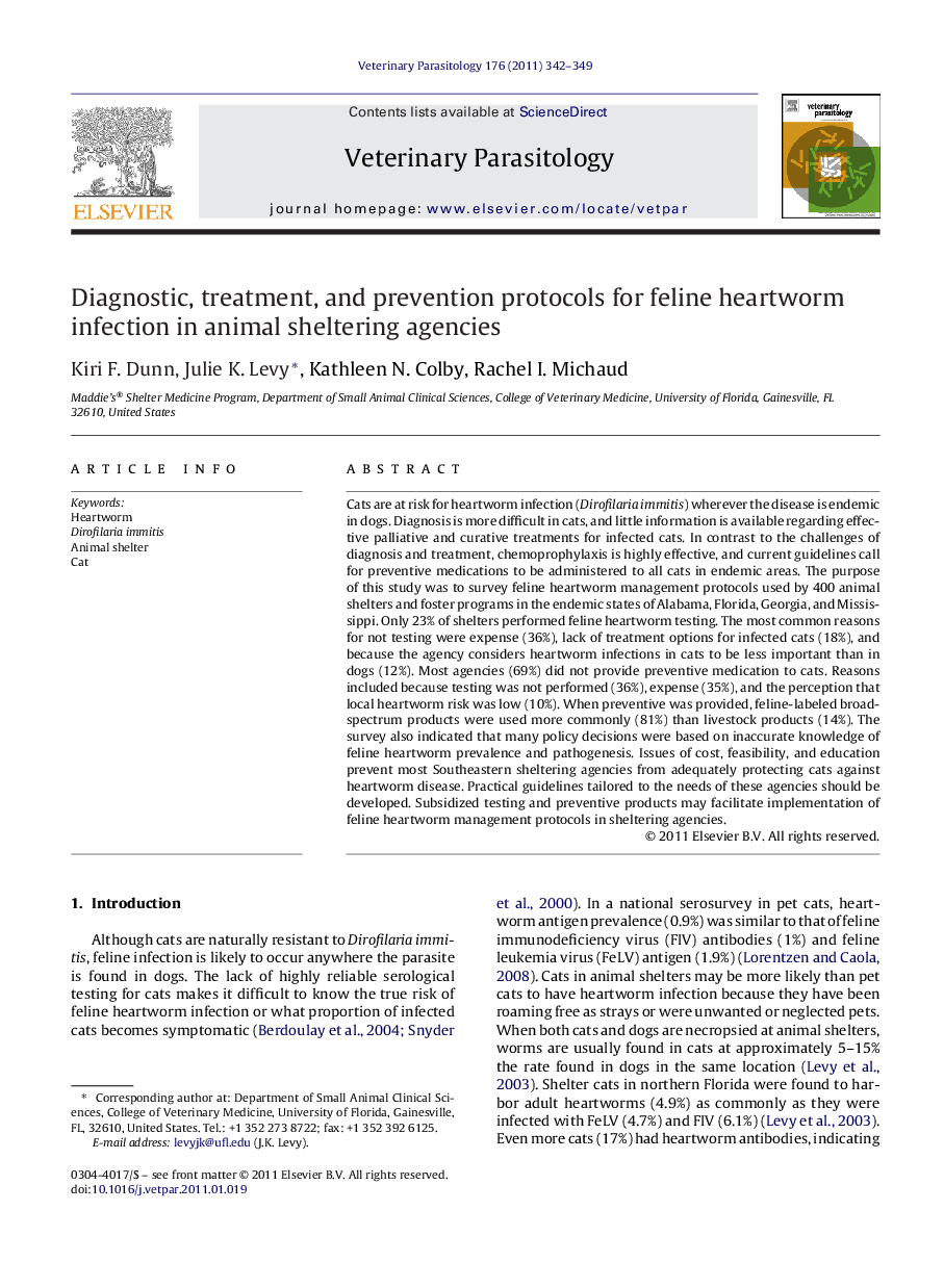 Diagnostic, treatment, and prevention protocols for feline heartworm infection in animal sheltering agencies