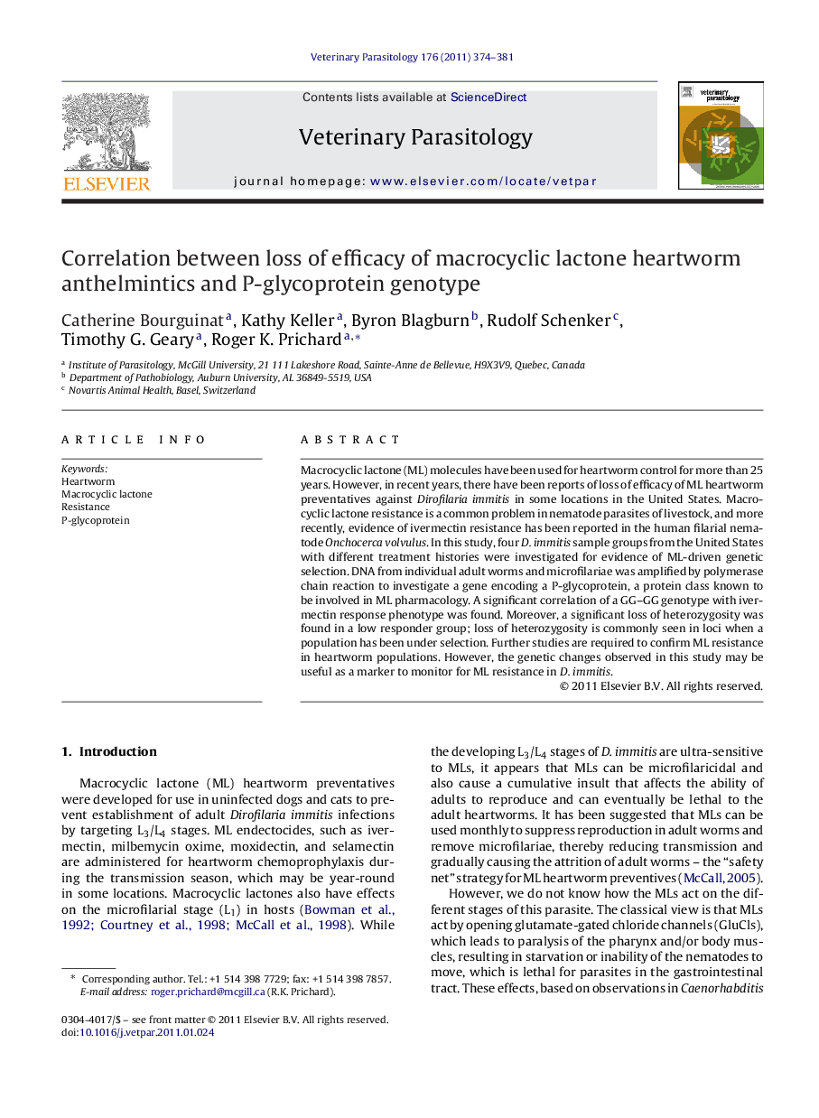 Correlation between loss of efficacy of macrocyclic lactone heartworm anthelmintics and P-glycoprotein genotype