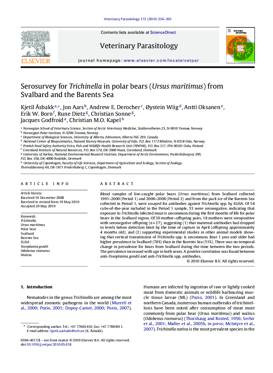 Serosurvey for Trichinella in polar bears (Ursus maritimus) from Svalbard and the Barents Sea