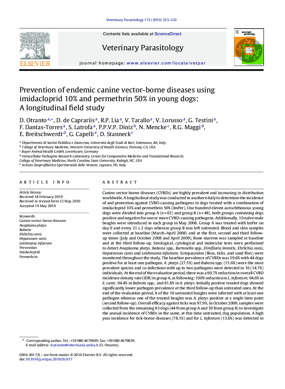 Prevention of endemic canine vector-borne diseases using imidacloprid 10% and permethrin 50% in young dogs: A longitudinal field study